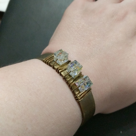 Antique Gold Tone Wire Wrapped Swarovski Crystal Clear Cube Cuff Bracelet - Picture 1 of 3